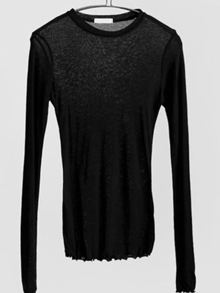T Shirt Plain Berkualiti Tinggi Wanita Kapas Elastik Asas T-shirt Wanita Atasan Kasual Lengan Panjang Seksi T-shirt Nipis tembus