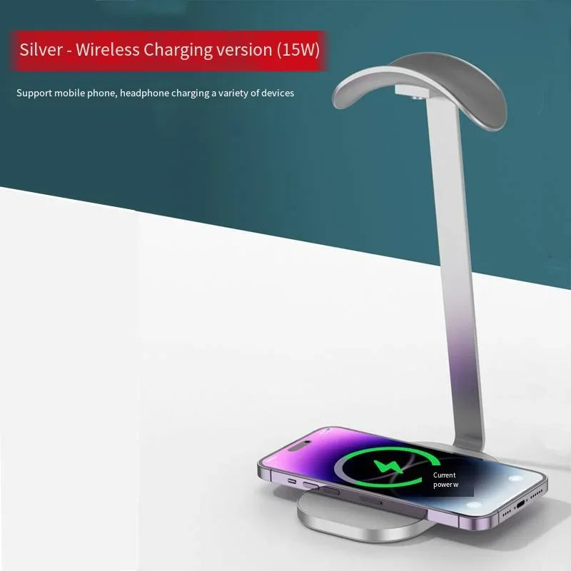 Pendirian Fon Kepala Bluetooth Pengecas Wayarles 15W Pendirian Fon Kepala Pengecas Wayarles Rak Penyimpanan Fon Kepala Logam
