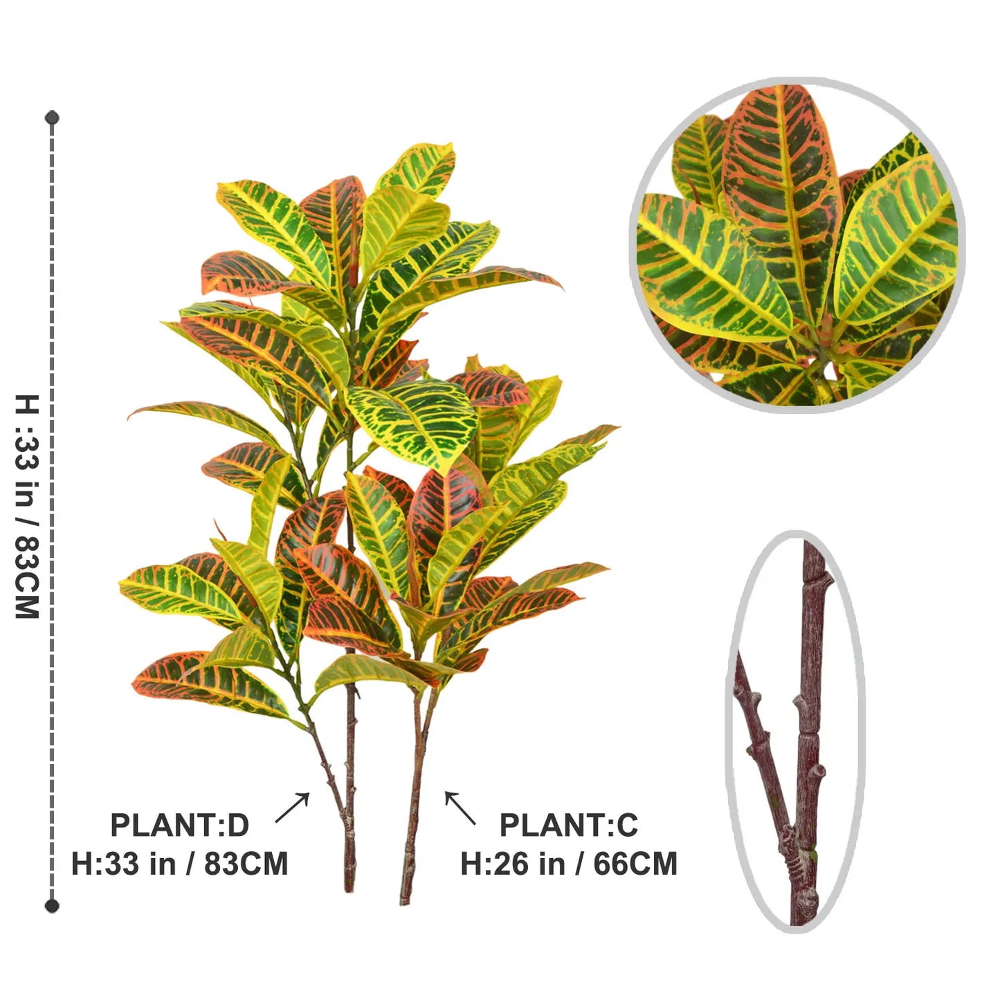 66/83CM Artificial Plants Fake Codiaeum Tree Branches Plastic Ficus Plants Faux Plants Leaves Tropical Plant for Home Decor