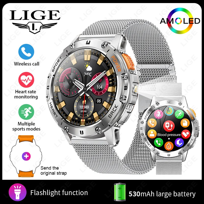Skrin LIGE AMOLED Jam Tangan Pintar Panggilan Bluetooth Jam Tangan Sukan Luaran Jam Tangan Pintar Lelaki Lampu Suluh Pemantauan Kesihatan Kamera Jauh