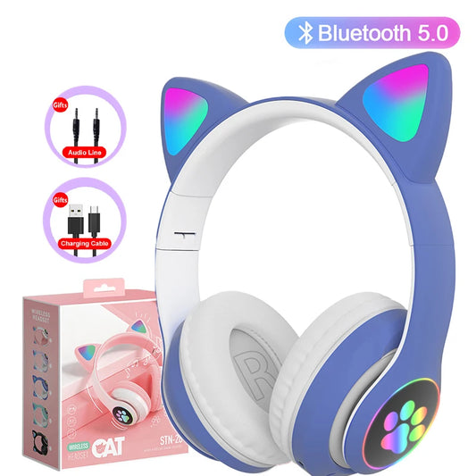 Fon Kepala Telinga Kucing Comel Cahaya Kilat dengan MIC Kanak-kanak Perempuan Stereo Telefon Alat Dengar Muzik Pemain Permainan Fon Kepala Bluetooth Hadiah Hari Lahir Gadis
