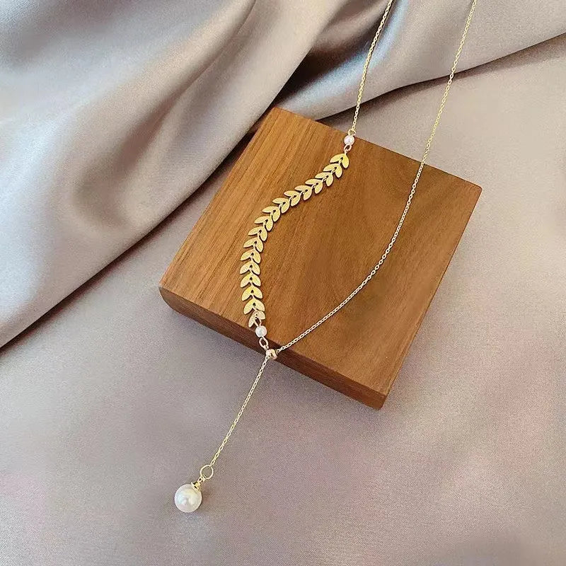 New Simple Wheat Ear Pearl Bracelet Necklace Earrings Jewelry Set for Women Temperament Lucky Gold Color Bracelet Charm Jewelry