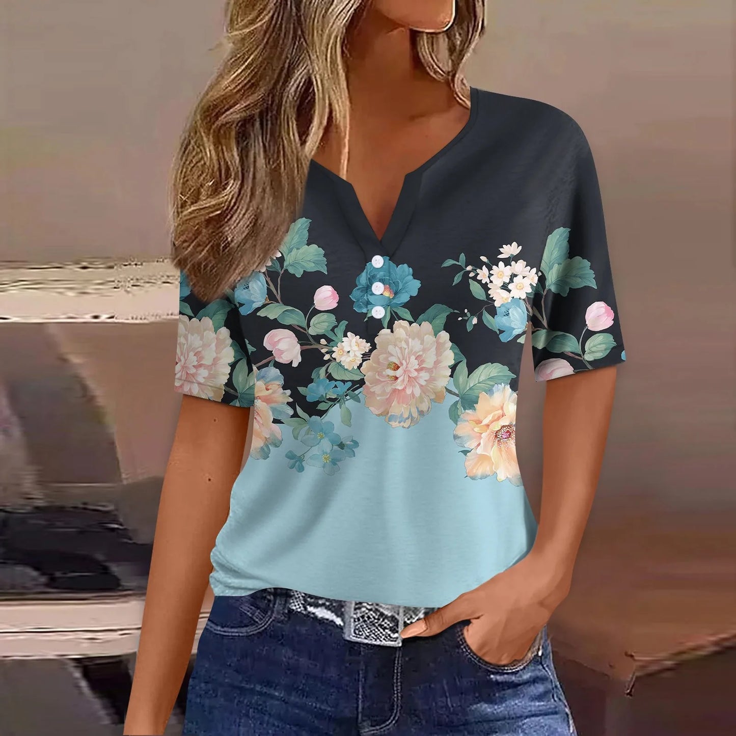 2024 Wanita Musim Panas Kasual T-shirt Fesyen Bercetak Harajuku Top Tees Streetwear Butang Asas Lengan Pendek V-Neck Tops Plus Saiz