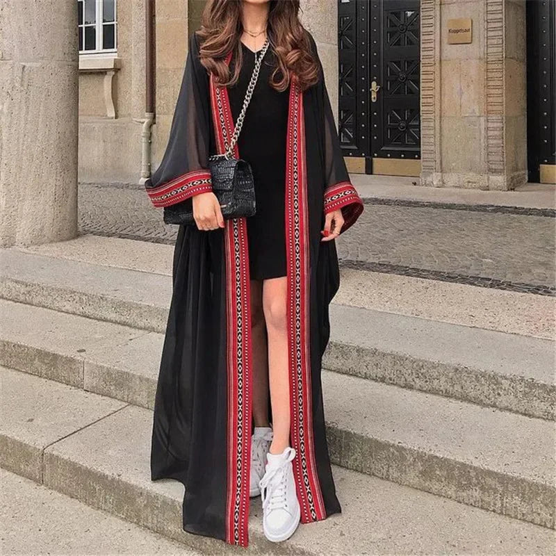 Chiffon Putih Panjang Maxi Kimono Cardigan Wanita Pantai Menutupi Tepi Sulaman dengan Tali Pinggang Tunica Kaftans Pakaian Pantai Femininos 2024