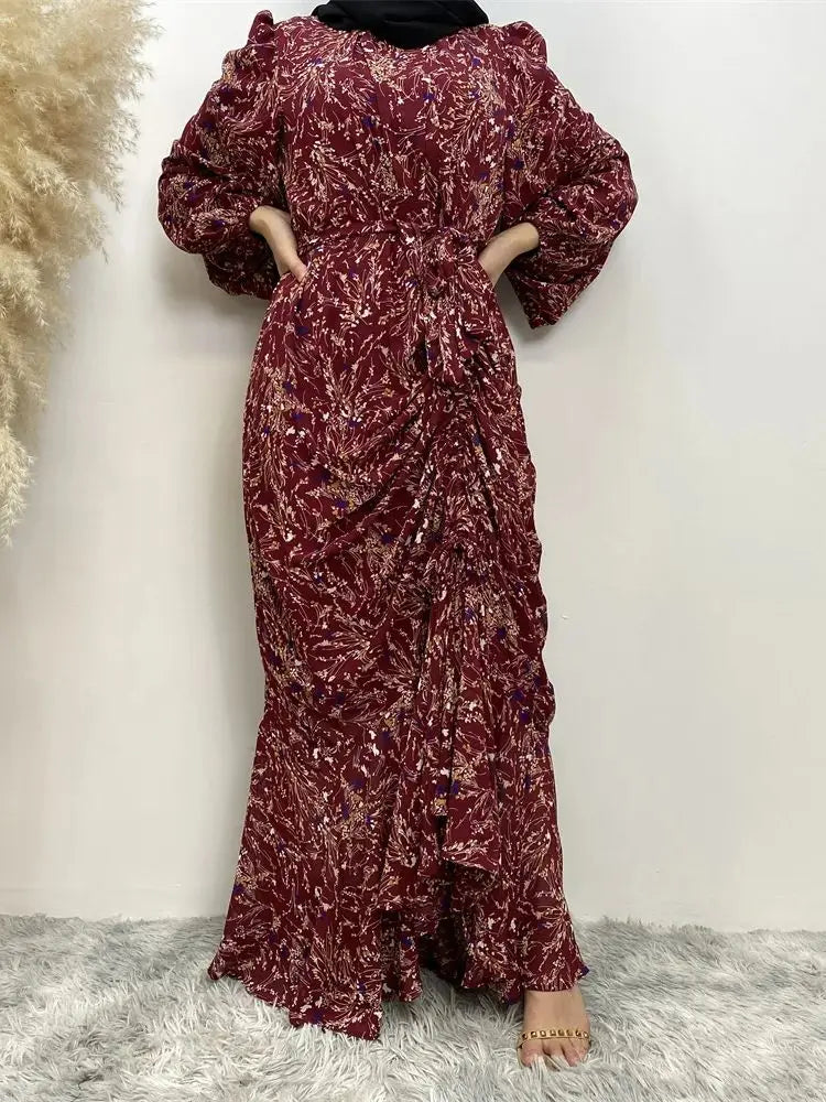 Muslim Women's dress Casual print bark crepe long dress Zipper collar long sleeves loose Muslim maxi dress