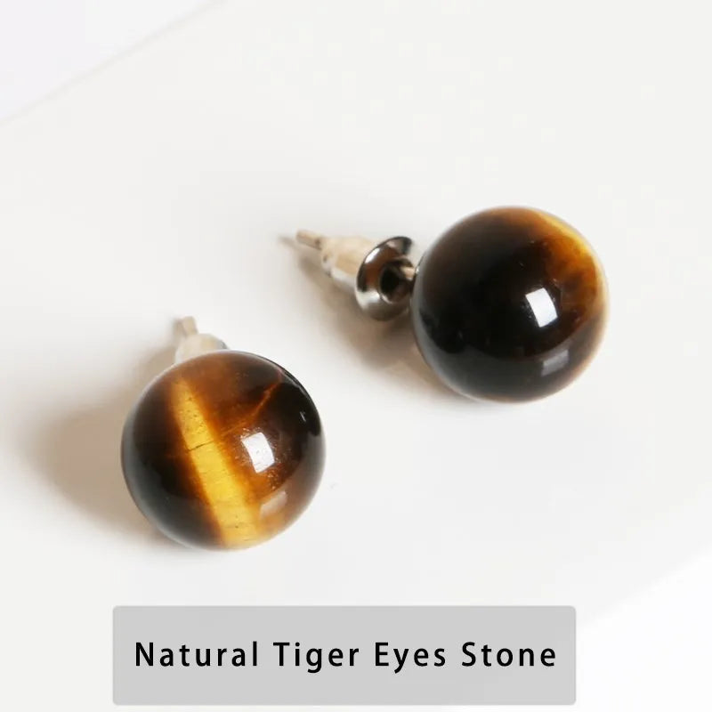 Change Better Natural Stone Amethyst Tiger Eye Agate Round Beads Earring Women Fashion Simple Stainless Steel Crystal Ear Studs