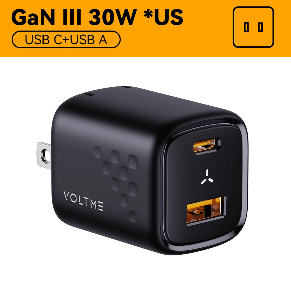 VOLTME USB C Pengecas Pantas 30W Pengecas GaN QC PD 3.0 Penyesuai Mudah Alih Dwi Port Untuk IPhone 13 12 IPad Pengecas Dinding Cepat Xiaomi