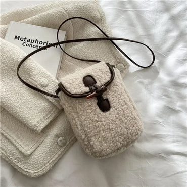 Beg Telefon Lambswool Musim Sejuk Beg Bahu Bulu Tiruan Wanita Dompet Mudah Alih Cantik Manis Beg Selempang Wanita Beg Selempang Dompet Persegi