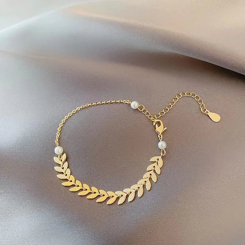 New Simple Wheat Ear Pearl Bracelet Necklace Earrings Jewelry Set for Women Temperament Lucky Gold Color Bracelet Charm Jewelry