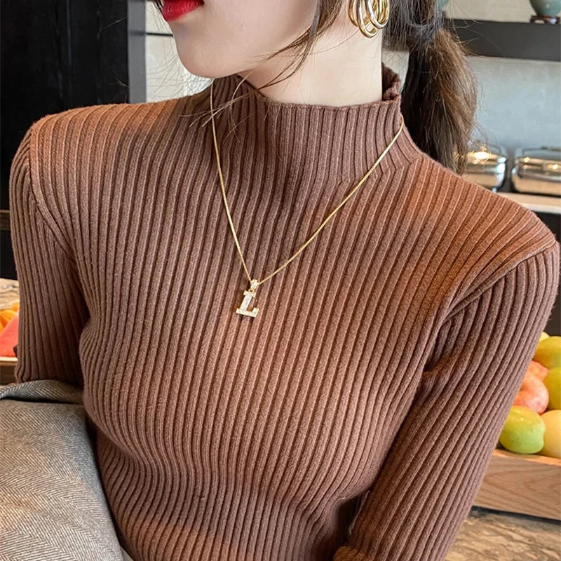 Atasan Rajutan Asas Pepejal Elegan Sweater Turtlneck Wanita Lengan Panjang Pullover Ramping Kasual Fesyen Korea Pakaian Bergaya Mudah