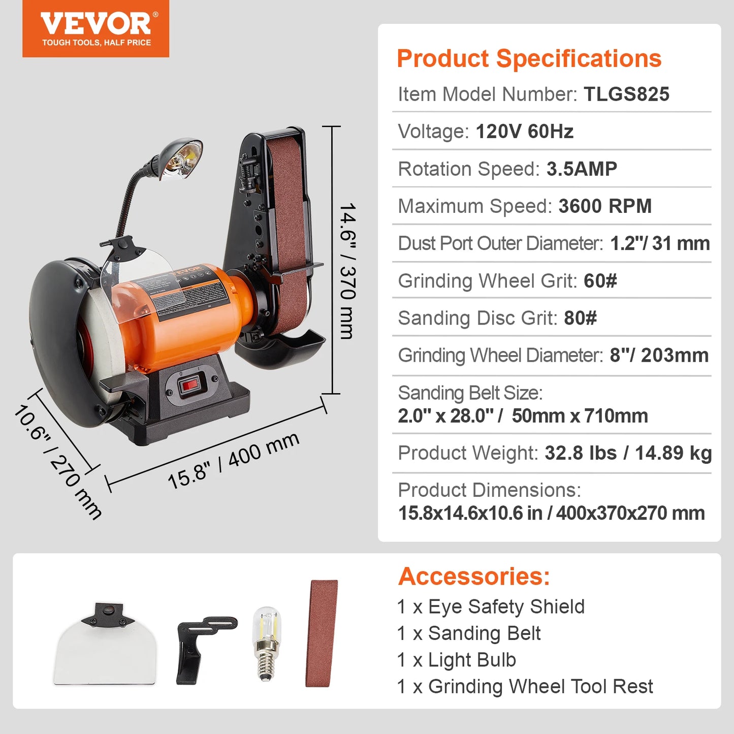 VEVOR Belt Disc Sander Combo with 5A/4.3A/2.5A Induction Motor Belt Sanding Machine Woodworking Deburring Grinder Combo Bench
