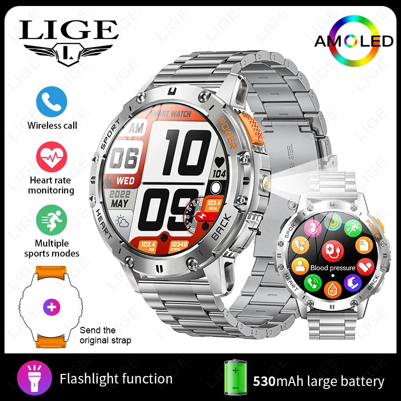 Skrin LIGE AMOLED Jam Tangan Pintar Panggilan Bluetooth Jam Tangan Sukan Luaran Jam Tangan Pintar Lelaki Lampu Suluh Pemantauan Kesihatan Kamera Jauh