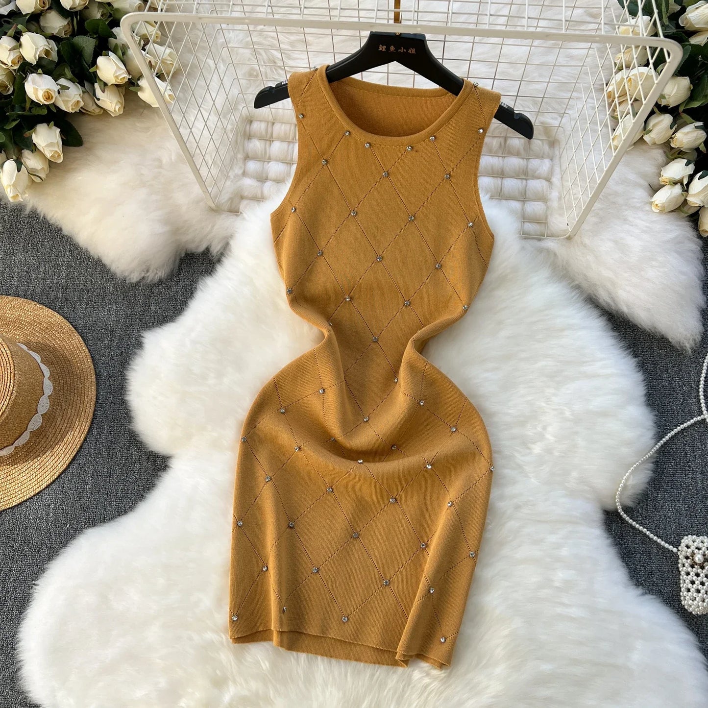 Manik Musim Panas Wanita Mengait Sarung Pakaian Tank Bodycon Wanita Dikait Kamisol Pakaian Mini Tanpa Lengan untuk Pakaian Wanita
