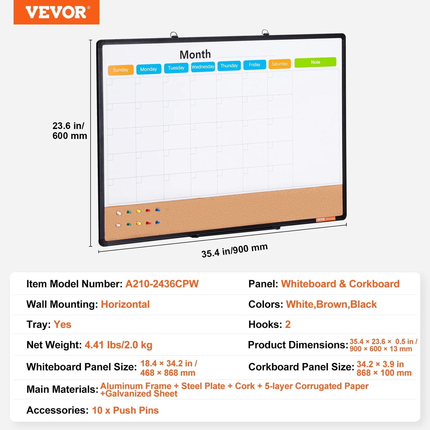 VEVOR Whiteboard & Cork Board 2-in-1 Magnetic Dry Erase/with Linen Surface Bulletin Board for Wall Mount for School Home Office