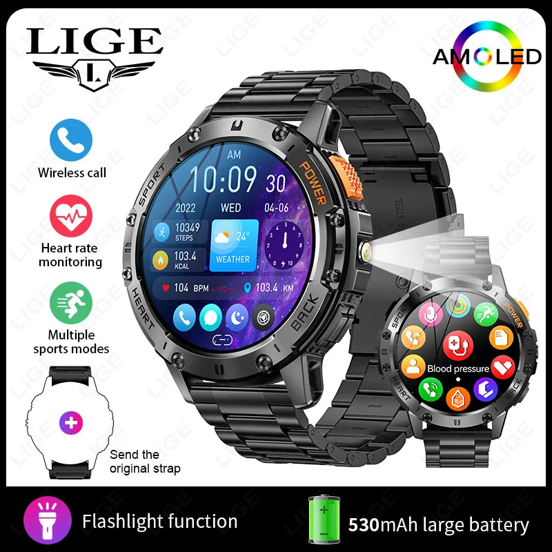 Skrin LIGE AMOLED Jam Tangan Pintar Panggilan Bluetooth Jam Tangan Sukan Luaran Jam Tangan Pintar Lelaki Lampu Suluh Pemantauan Kesihatan Kamera Jauh