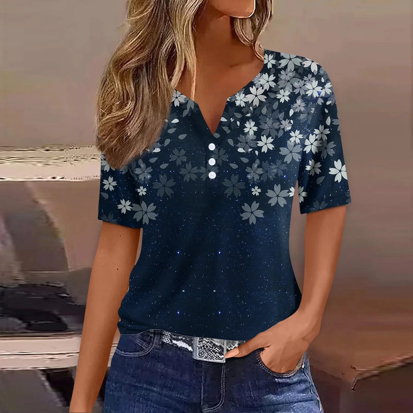 2024 Wanita Musim Panas Kasual T-shirt Fesyen Bercetak Harajuku Top Tees Streetwear Butang Asas Lengan Pendek V-Neck Tops Plus Saiz