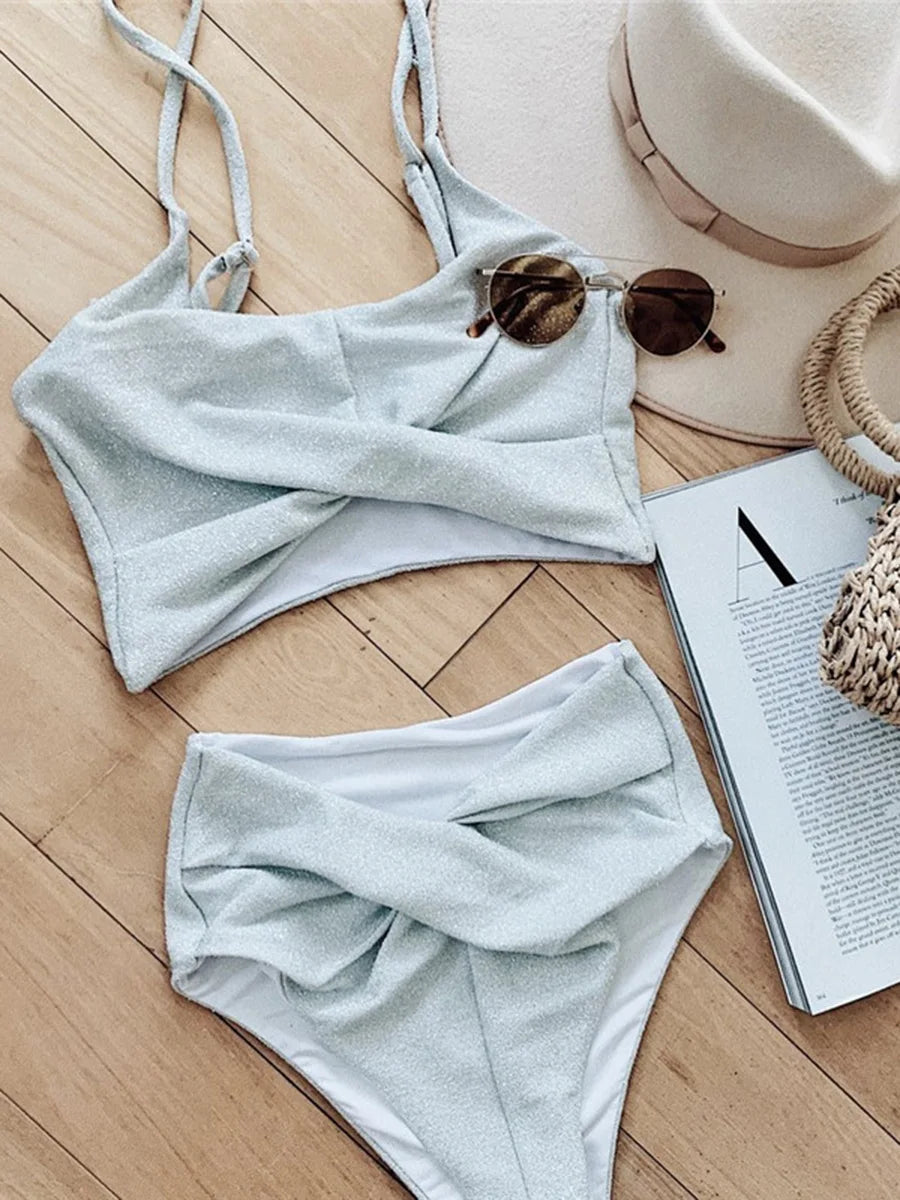2024 Seksi Berkilat Glitter Bikini berkilauan pakaian renang pinggang tinggi Wanita pakaian renang wanita Twist Bandeau bikini set Bathers pakaian mandi