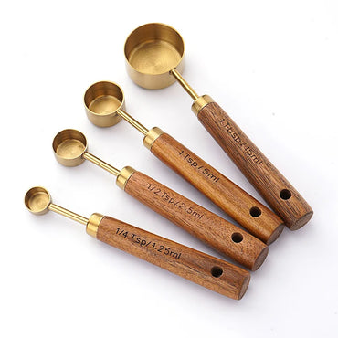 4/8Pcs Golden Measuring Cup Set and Measuring Spoon Golden with Aromatic Wood Handle Full Set of Measuring Cups and Spoons