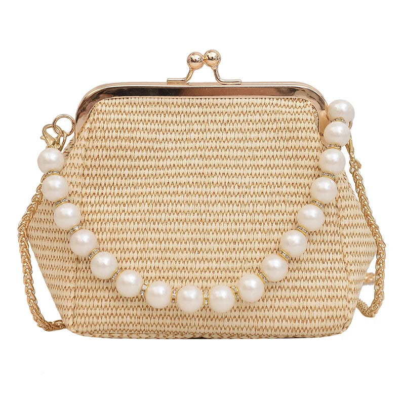 Luxury Designer Trendy Straw Weaving Shoulder Bag Versatile Small Beading Handbag For Women Summer Casual Beach Bag Travel Purse