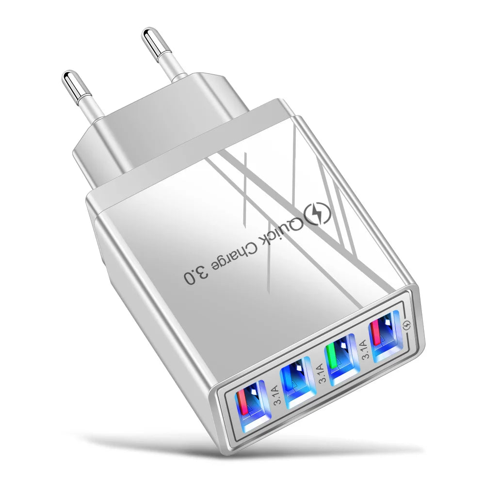 3.1A EU US 4USB Ports AC Perjalanan Rumah Pengecas Dinding Penyesuai Kuasa Untuk IPhone 12 13 14 15 Pro Max Samsung Xiaomi Huawei