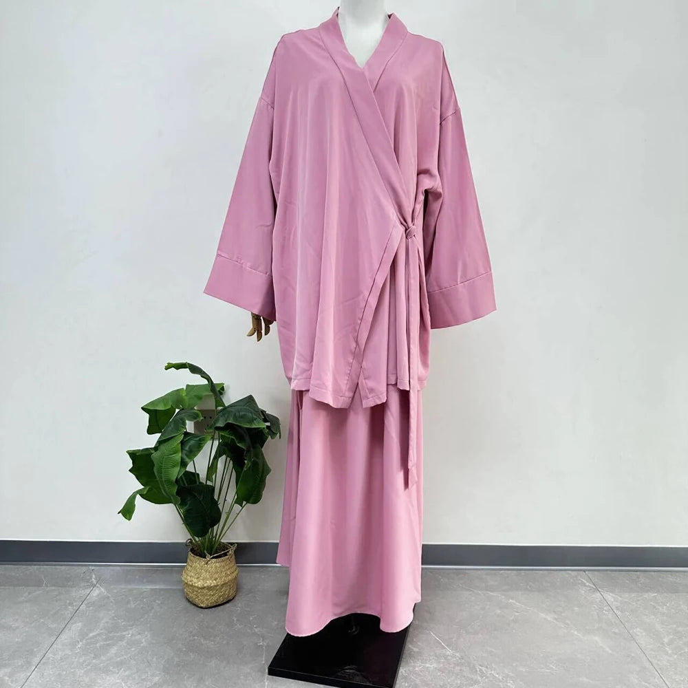 Nida Co Ord Set Kimono dengan Tali Skirt Ramadan Aidilfitri Pakaian Islam 2 Helai Set Wanita Muslimah Pakaian Sederhana Ensembles Musulman