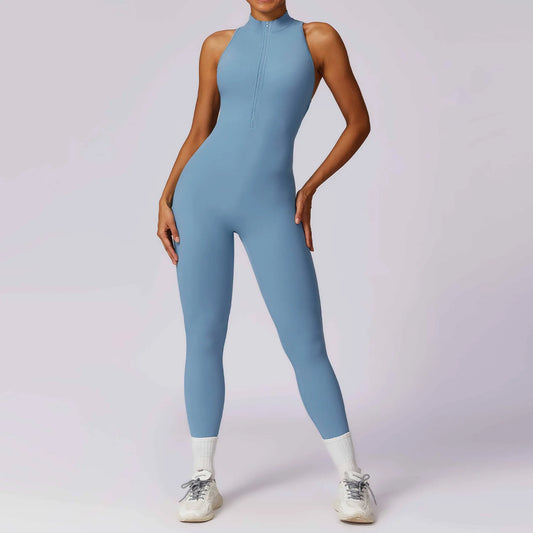 V Back One-piece Sut Wanita Sukan Jumpsuit Zippers Yoga Rompers Pakaian Sukan Tanpa Belakang Baju Sukan Wanita Lengan Senam Pakaian Wanita
