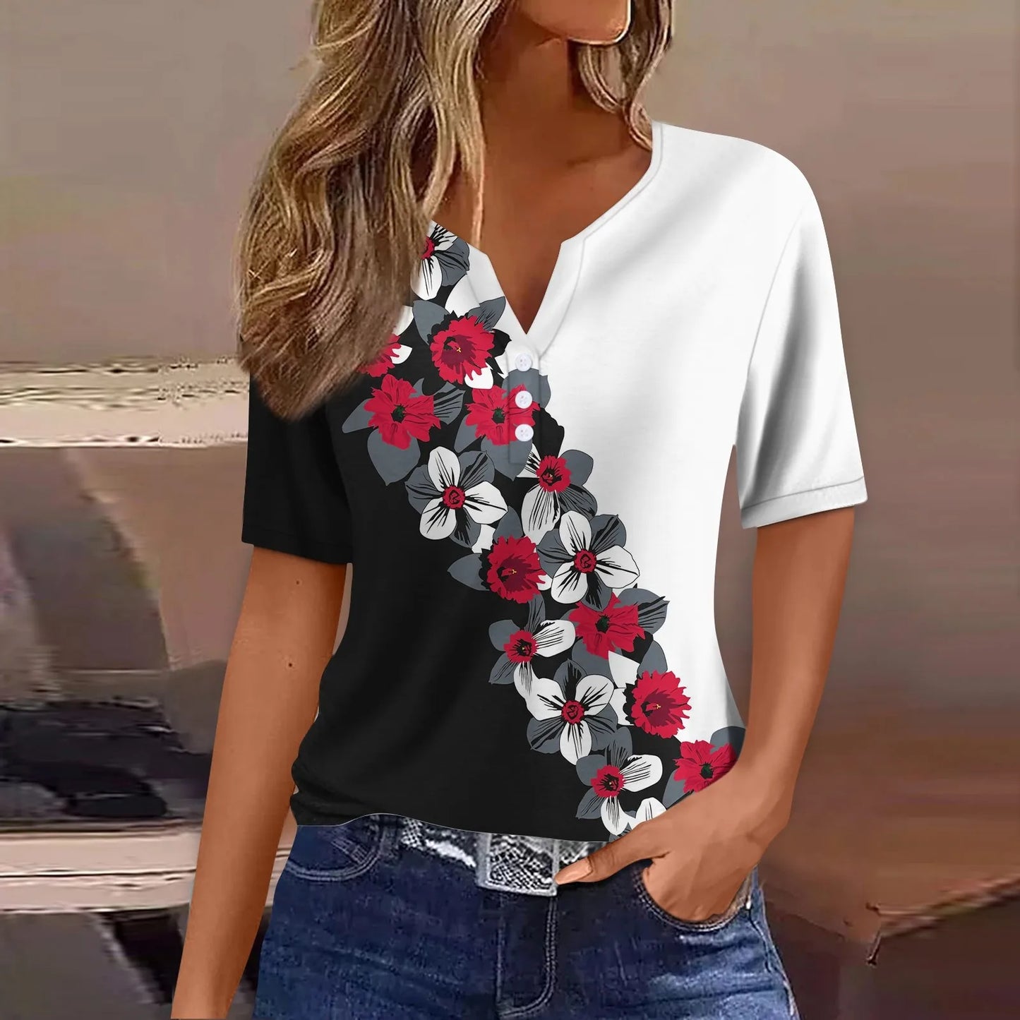 2024 Wanita Musim Panas Kasual T-shirt Fesyen Bercetak Harajuku Top Tees Streetwear Butang Asas Lengan Pendek V-Neck Tops Plus Saiz