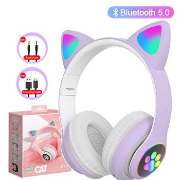 Fon Kepala Telinga Kucing Comel Cahaya Kilat dengan MIC Kanak-kanak Perempuan Stereo Telefon Alat Dengar Muzik Pemain Permainan Fon Kepala Bluetooth Hadiah Hari Lahir Gadis