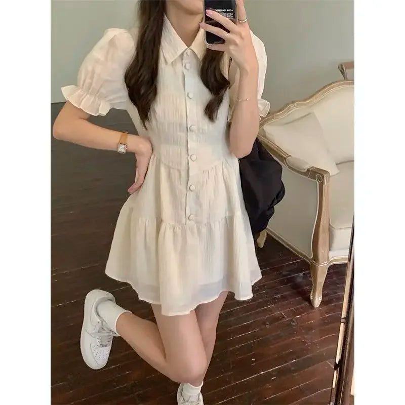 Dress Short Sleeve Solid Simple V-neck Elegant Slim Sweet Kawaii Korean Style All-match Womens Trendy Summer New Leisure Ulzzang
