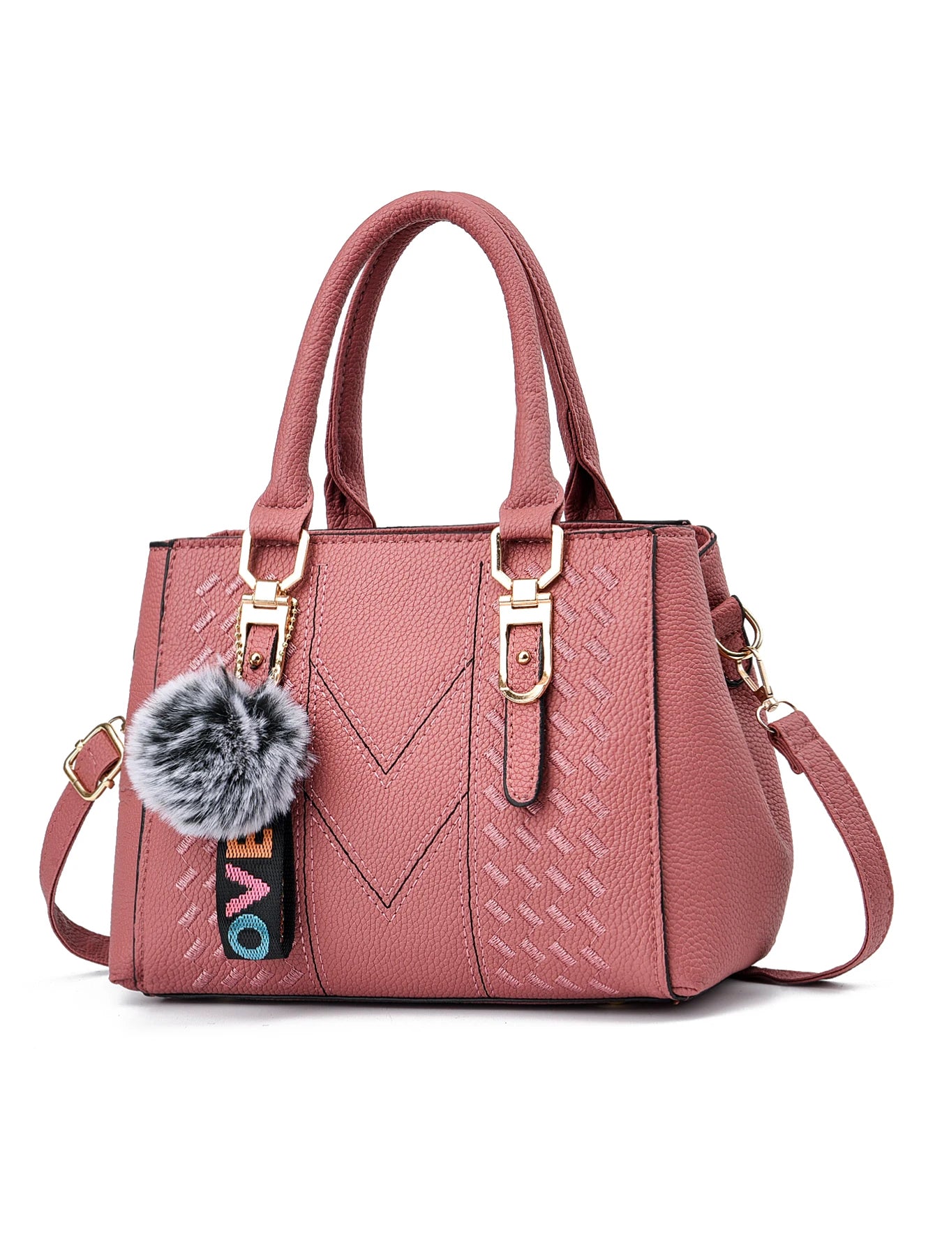 Beg Satchel Terperinci Sulaman, Beg Selempang Kulit PU Bergaya, Dompet Tangan Berganda Wanita Dengan Loket