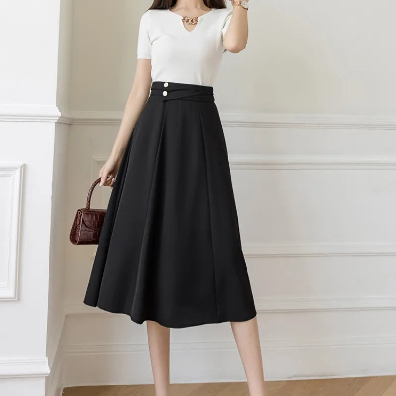 Skirt Wanita Pinggang Tinggi Skirt Pertengahan Betis Gadis Manis Skirt Pejal untuk Wanita Fesyen Panjang Vintaj 2023 Skirt Wanita Musim Panas Kawaii