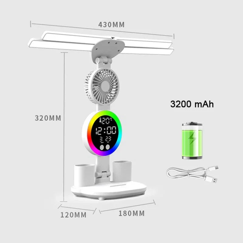 Lampu Meja Boleh Dicas semula untuk Belajar, Lampu Baca Lampu Meja Lampu Meja Dipimpin dengan Kipas, Lampu Baca Dispaly Jam Dipimpin