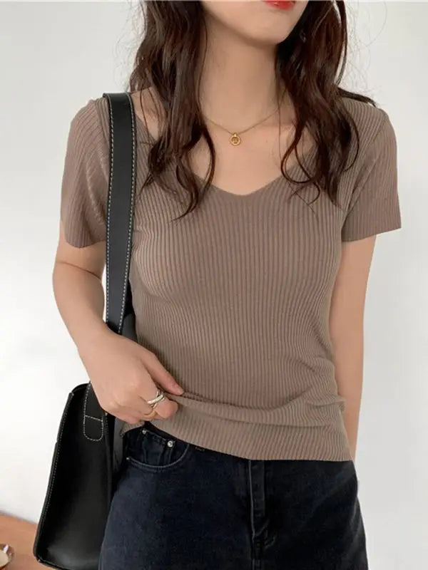AOSSVIAO 2024 Basic V-neck Solid Thin Summer Pullover Women Female Knitted Ribbed Sweater Slim Short Sleeve Bodycon Sweater