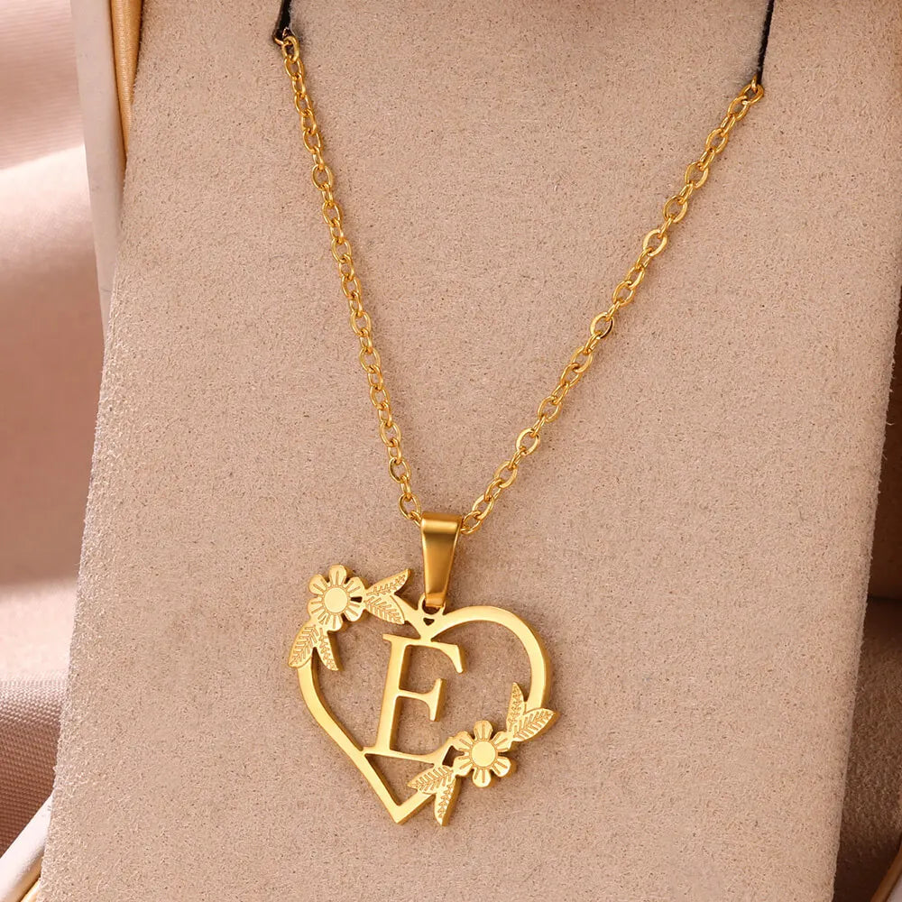 Gold Color Dainty Flower Initials Necklace Women Girl Stainless Steel Heart Letter Choker Necklace Best Gifts Alphabet Jewelry