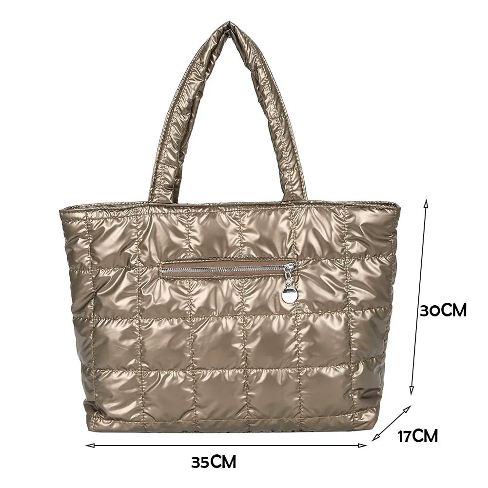 Musim Gugur Musim Sejuk Nilon Wanita Beg Tangan Kapasiti Besar Beg Bahu Kekisi Berkuil Kasual Wanita Warna Pepejal Beg Tote Beli-belah