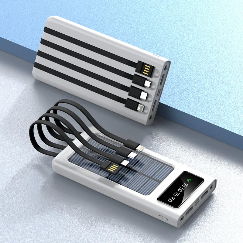 Kapasiti besar 20000mAh bank kuasa solar serba lengkap dengan empat wayar bank kuasa mudah alih