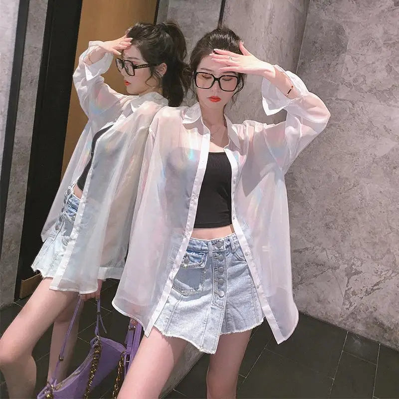 Shirts Women Chic Colorful Design Summer Trendy Sunscreen Girls Streetwear Long Sleeve Outerwear Vintage Korean Tops All-match