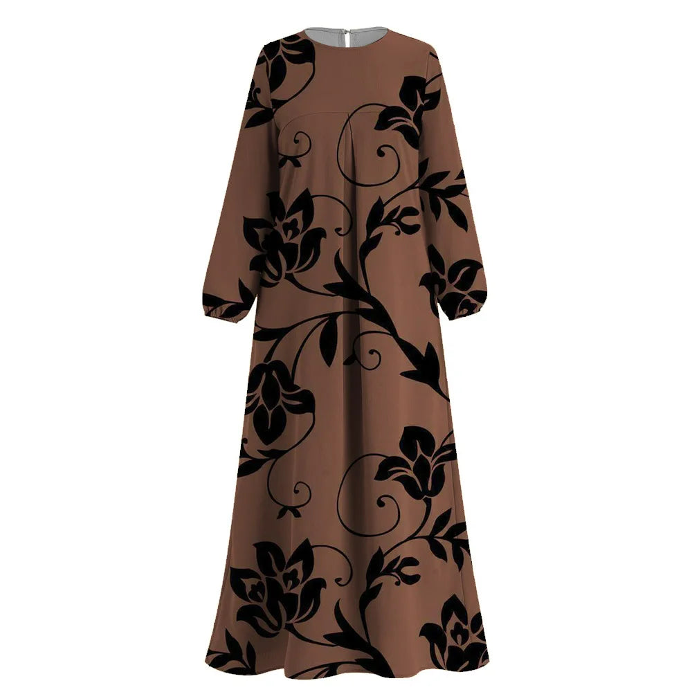 Abaya Muslim Kelabu Muslim Sederhana Cetak Bunga O-leher Lengan Panjang Abaya Pakaian Muslim Femme Dubai Turki Kaftan Islam Jubah