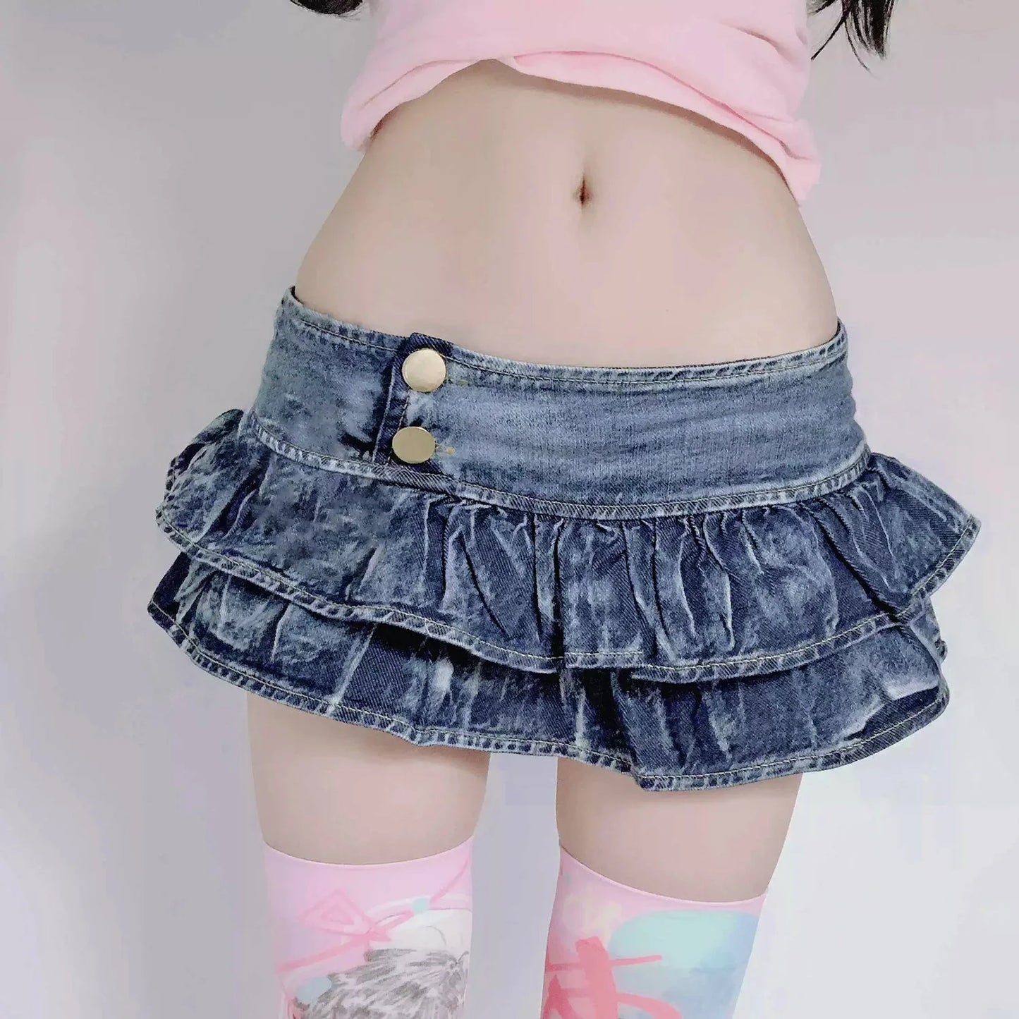 2024 Skirt Denim Seksi Wanita Baharu DS Bar DJ Kelab Malam Wanita Ruffles Skirt Mini Super Pendek Skirt Berlipat