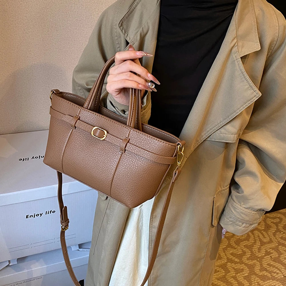 PU Leather Fashion Shoulder Bags Luxury Designer Handbag Vintage Solid Tote Purse High-end Top Handle Bag Women's Zipper Satchel