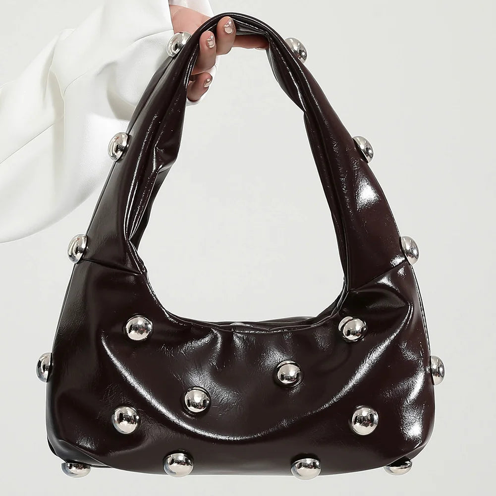 Underarm Bag Fashion Women PU Rivet Shoulder Bag Adjustable Strap Trendy Tote Handbag Punk Style Satchel Purse Chic Hobo Bag
