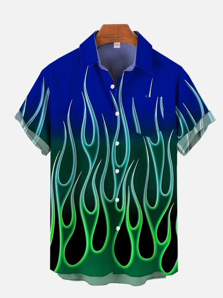 2024 Summer New Black and Gray Burning Flame Printed Short Sleeve Shirt Retro Fashion Street Men's Lapel Button Shirt