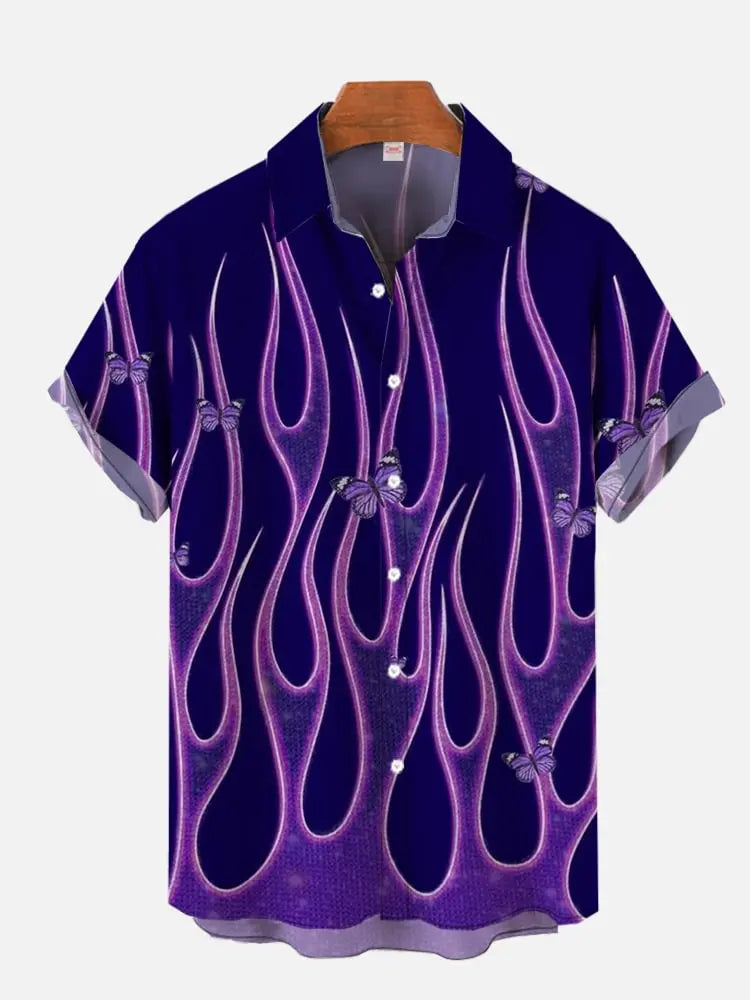 2024 Summer New Black and Gray Burning Flame Printed Short Sleeve Shirt Retro Fashion Street Men's Lapel Button Shirt