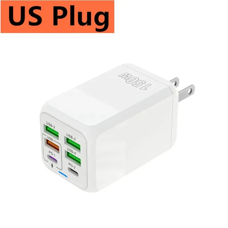 150W 6 Ports Pengecas Cepat Penyesuai Dinding Pengecasan Super Cepat PD QC 3.0 Usb C Untuk iphone Samsung ipad Xiaomi Huawei Oneplus