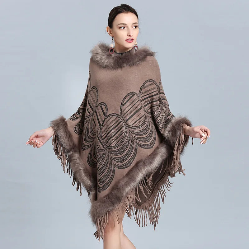 Musim sejuk Knitted Ponco Cape Bulu Pullover Longgar Wanita Segitiga Panjang Faux Cashmere Oversize Round Corak Rumbai Kot Outstreet