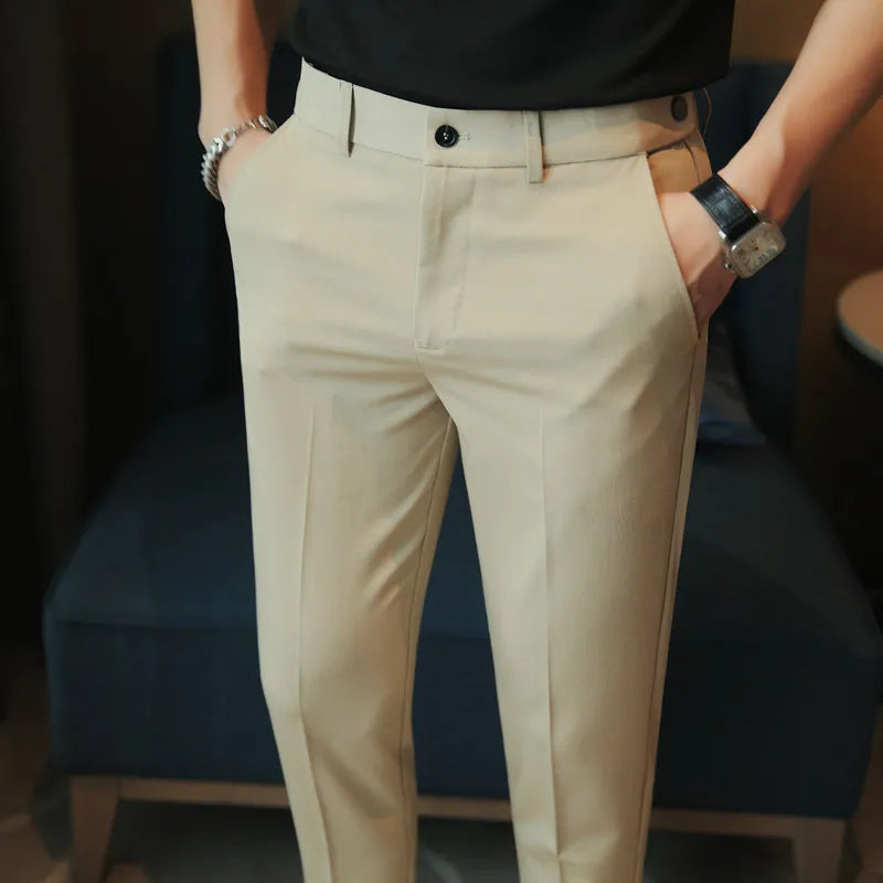 Men Dress Pants Summer Ankle Length Business Suit Pants For Men Fashion Elastic Waist Slim Fit Casual Business Office Trousers