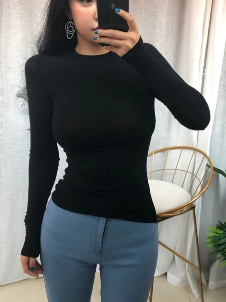 Baju T Seksi Musim Panas Nipis Wanita Keanjalan T-Shirt Gaya Korea Pakaian Wanita Tshirt Slim Wanita Atasan Lengan Panjang Kasual