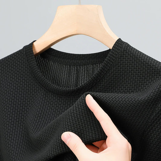 Summer Mens Crew Neck T-Shirts korean Ice Silk Mesh Breathable Short Sleeve Solid Color Thin Quick Dry Basic Oversized T Shirt