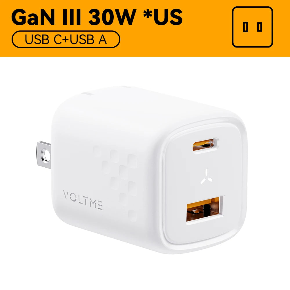 VOLTME USB C Pengecas Pantas 30W Pengecas GaN QC PD 3.0 Penyesuai Mudah Alih Dwi Port Untuk IPhone 13 12 IPad Pengecas Dinding Cepat Xiaomi