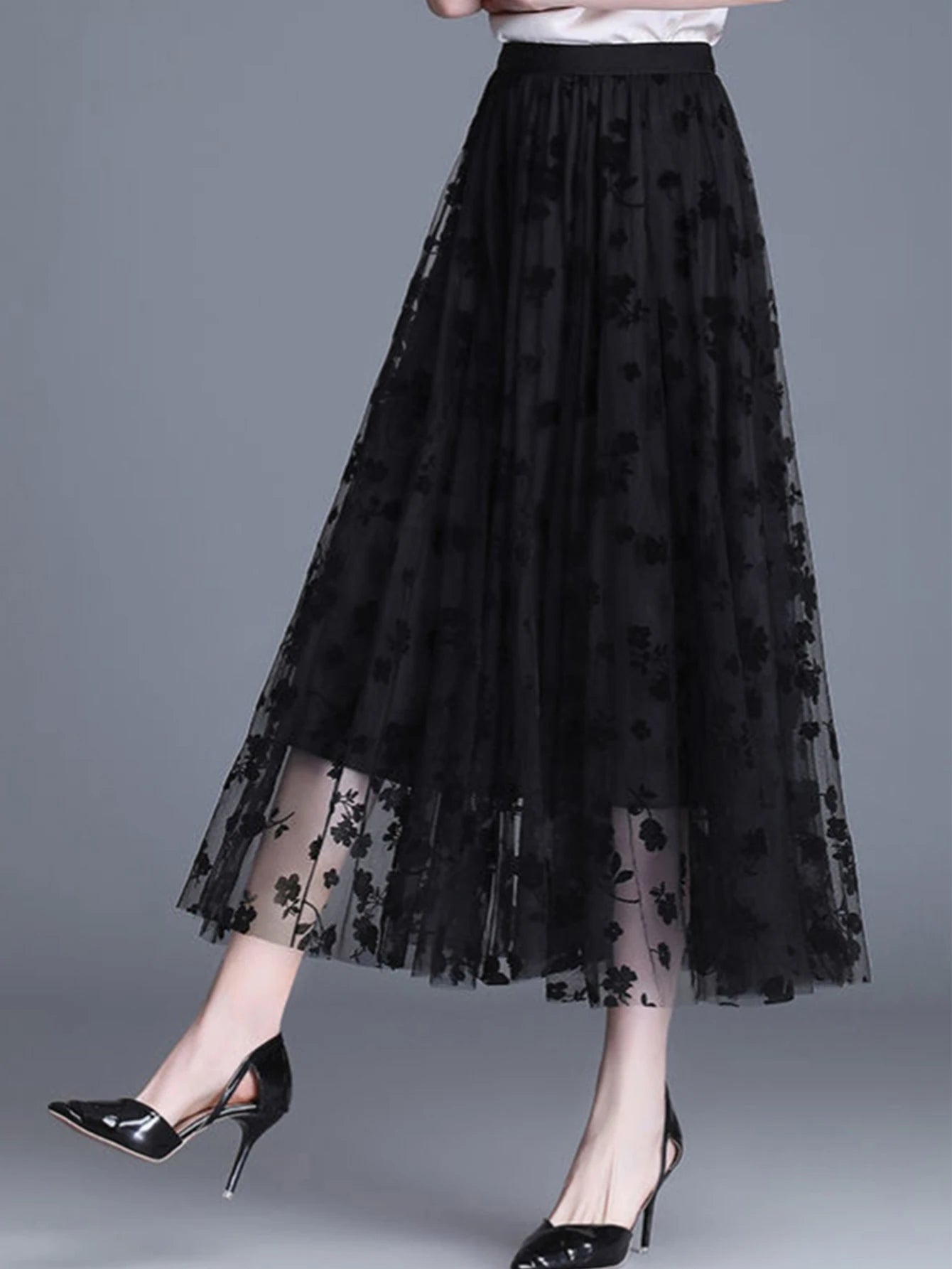 Skirt Bunga Mesh Wanita 2024 Musim Bunga Musim Panas Lace Berbondong-bondong Buaian Besar Elastik Pinggang Tinggi Fesyen Elegan Skirt A-line Skirt separuh